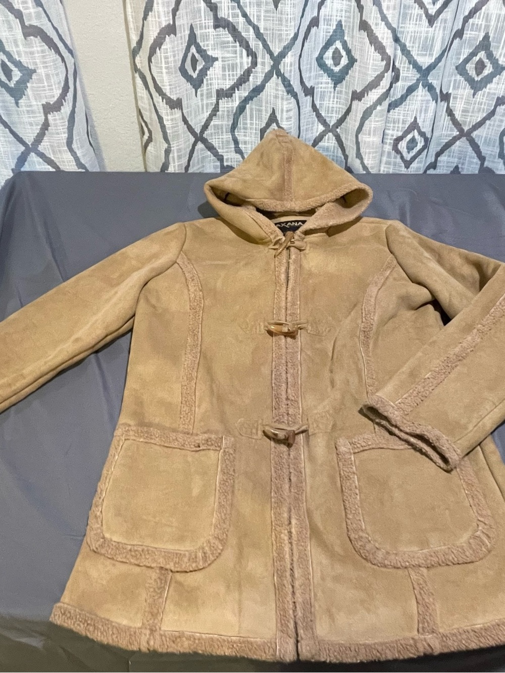 Women’s Hooded Faux Suede Toggle Pea Coat in Tan